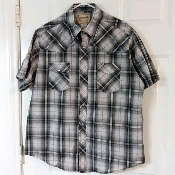 Wrangler Western Shirt Men’s XL Gray Plaid Pearl Snap Short Sleeve - Picture 1 of 5
